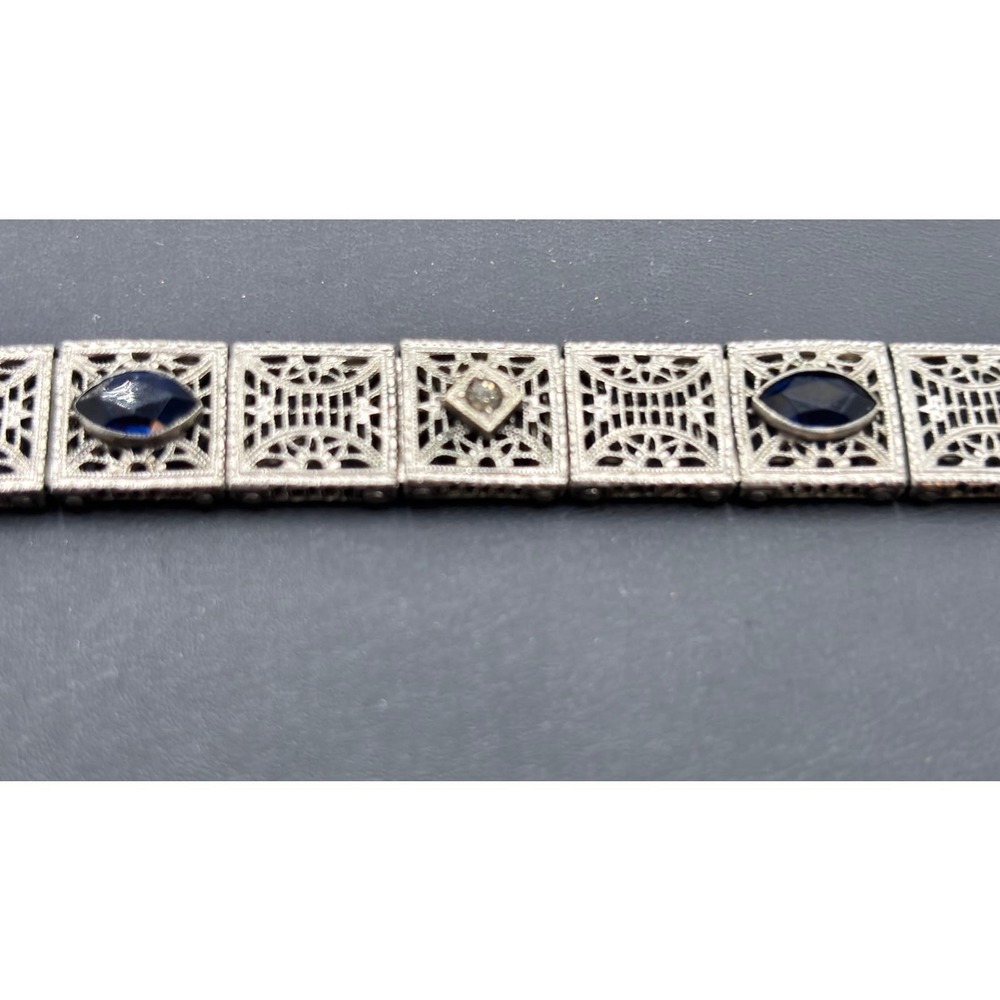 Antique EIF & Co Art Deco Filigree Panel Bracelet Blue Sapphire Glass Stones